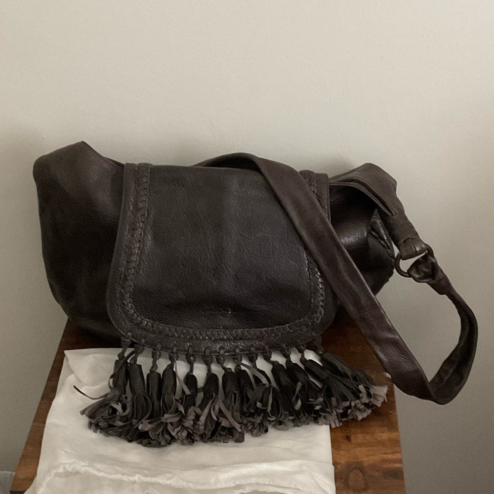 Jessica Simpson Boho Fringe Chocolate Leather Shoulder Purse Handbag Fringe